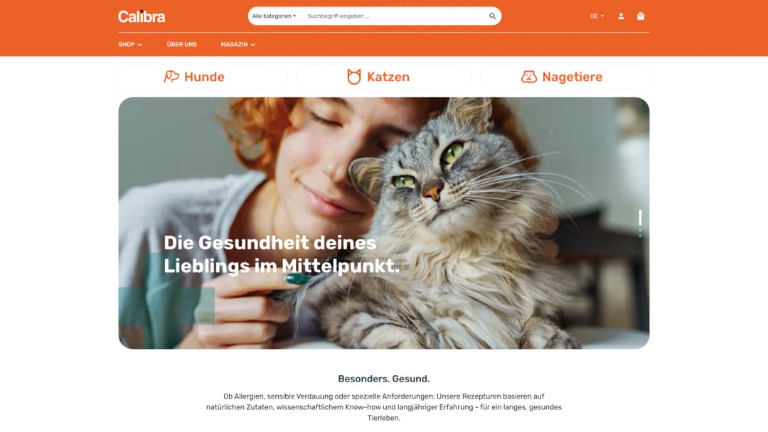 Komplette Desktop-Ansicht des MyCalibra Online-Shops