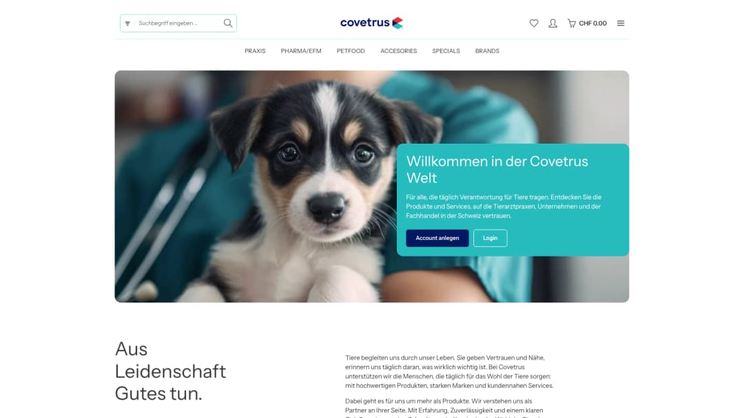 Complete desktop view of the Covetrus online shop